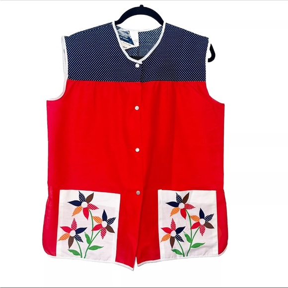 Vintage Artistic Apron House Red Blue Floral Smock - Picture 1 of 4